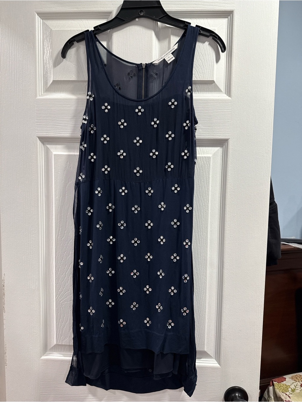 Diane Von Furstenberg Navy Blue Embellished Sleeveless Dress